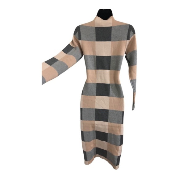 Charcoal grey tan beige checkered mock‎ neck sweater knit dress size large new - Picture 10 of 13
